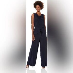 VINCE CAMUTO Jumpsuit Womens Small Navy Blue Cowl Sleeveless Drawstring Pockets